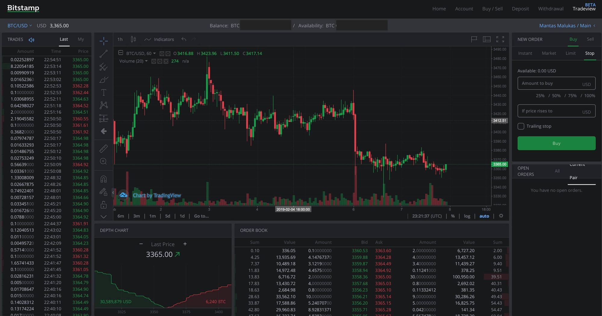 Bitstamp trading interface overview.