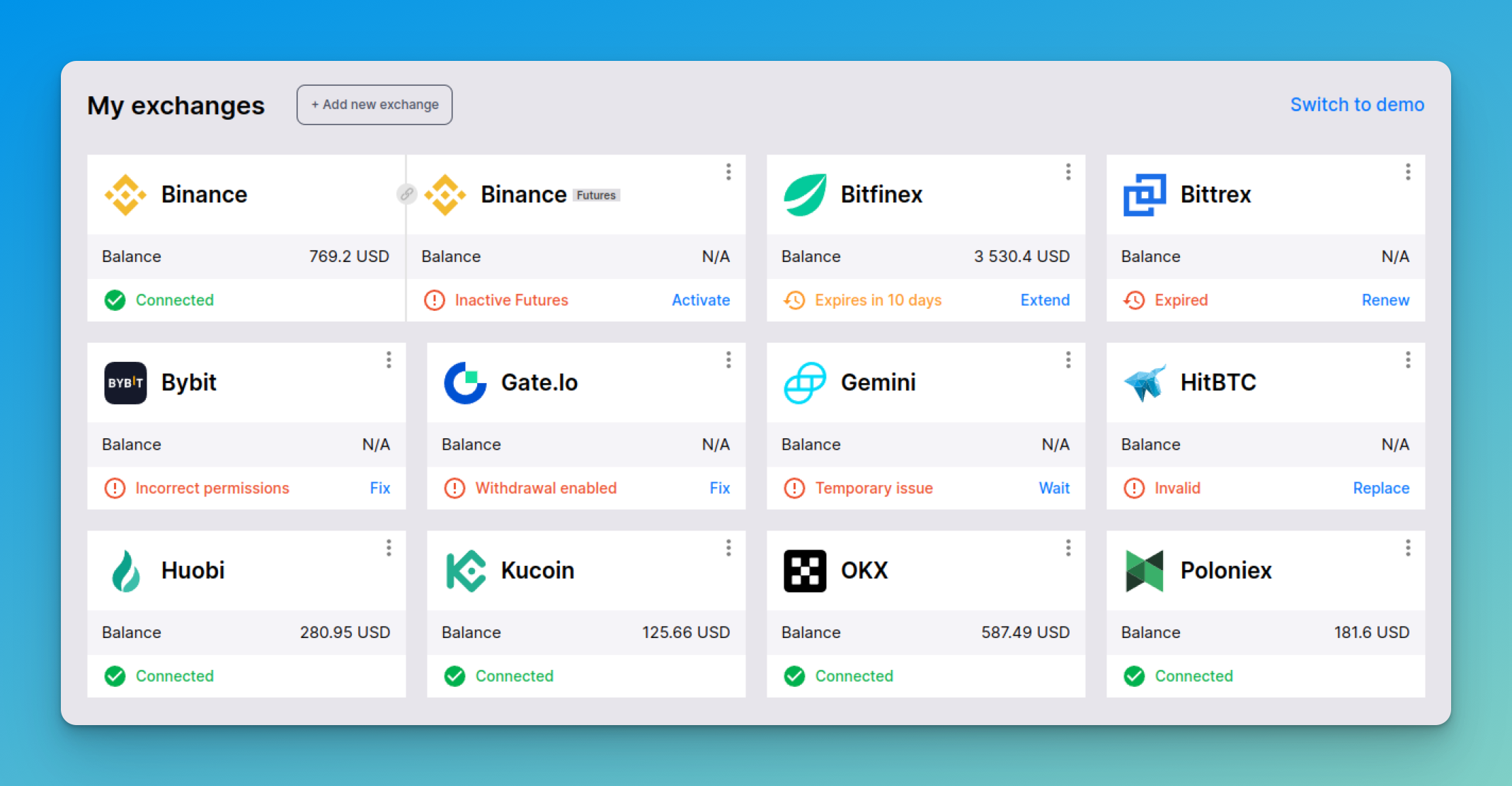 Different API connection statuses in the "My exchanges" section