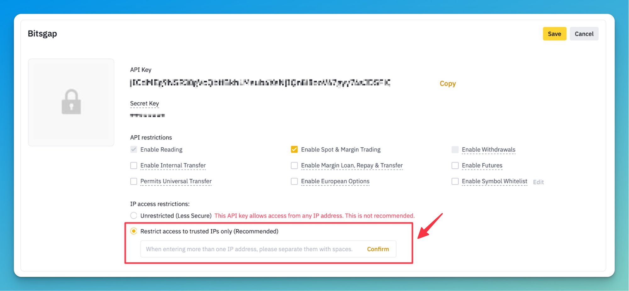 Pic 3. On your exchange, you can restrict access to only trusted IPs by specifying the list of whitelisted IPs, which you can copy from the Bitsgap platform.