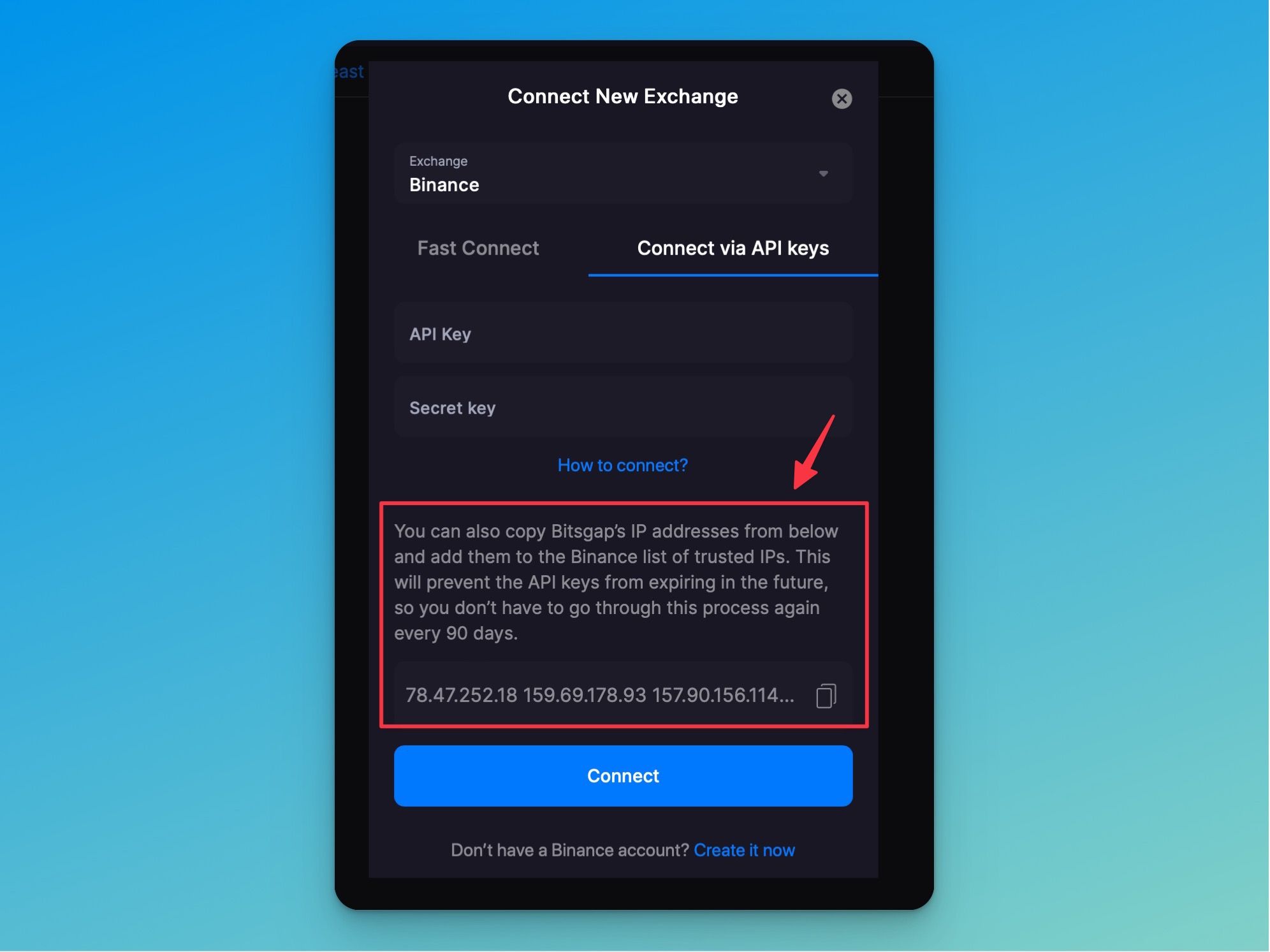 Pic. 4. Copy Bitsgap’s IP addresses from the Connect New Exchange window to add them to the whitelisted IPs on your exchange. 