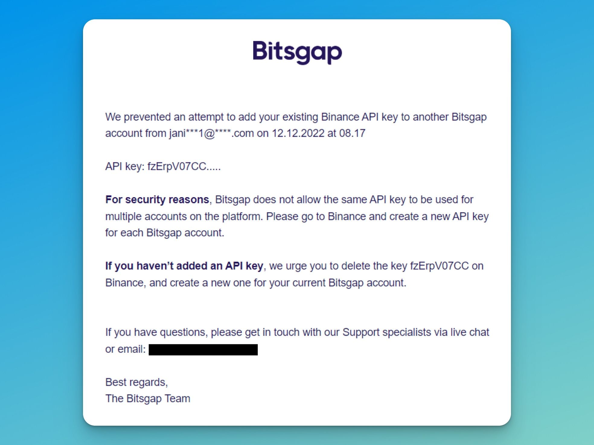 Pic. 2. An email from Bitsgap informing a user about an attempt to add an existing API key to another Bitsgap account.
