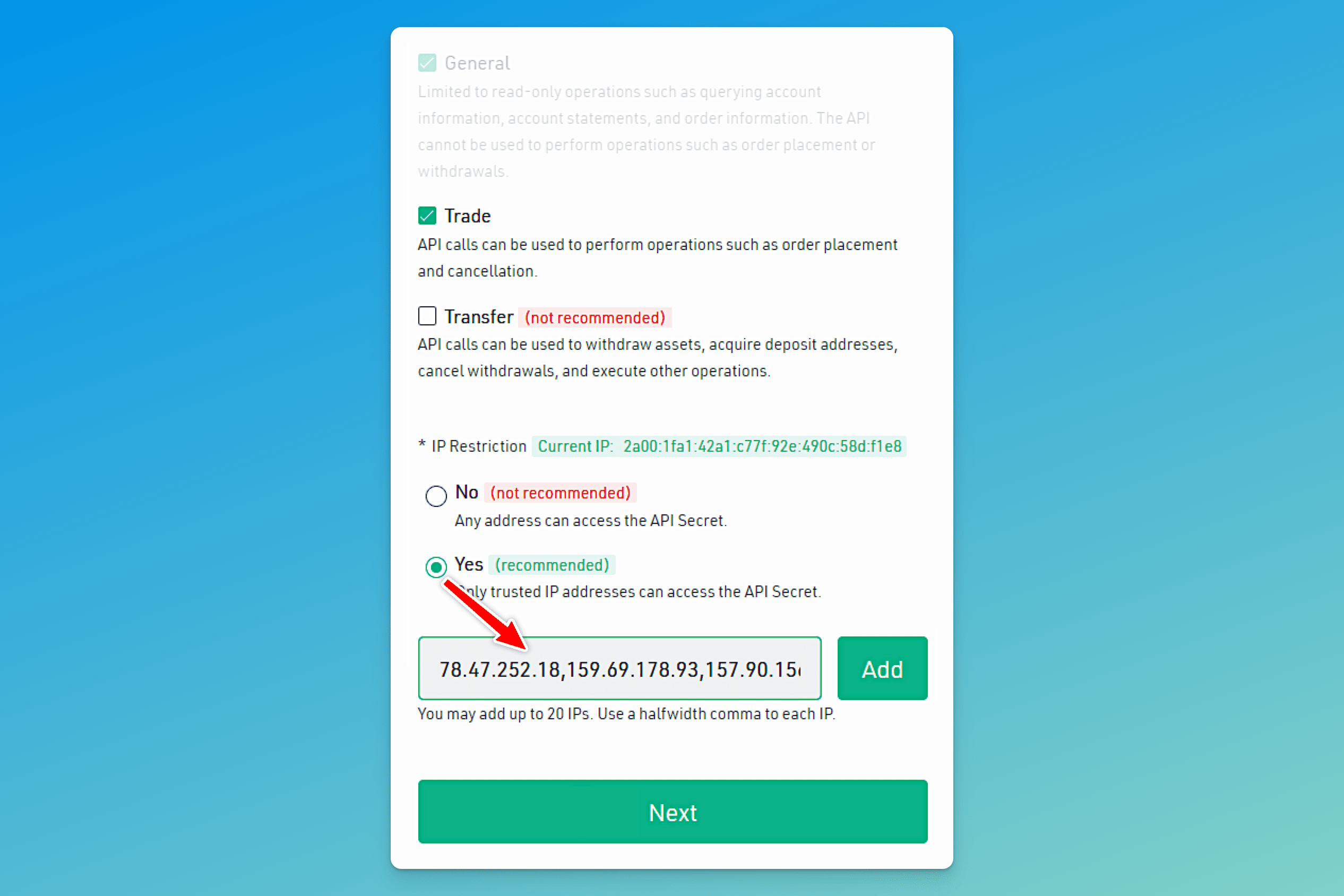 Pic. 2. Edit your API permissions on Kucoin and whitelist Bitsgap’s IPs.