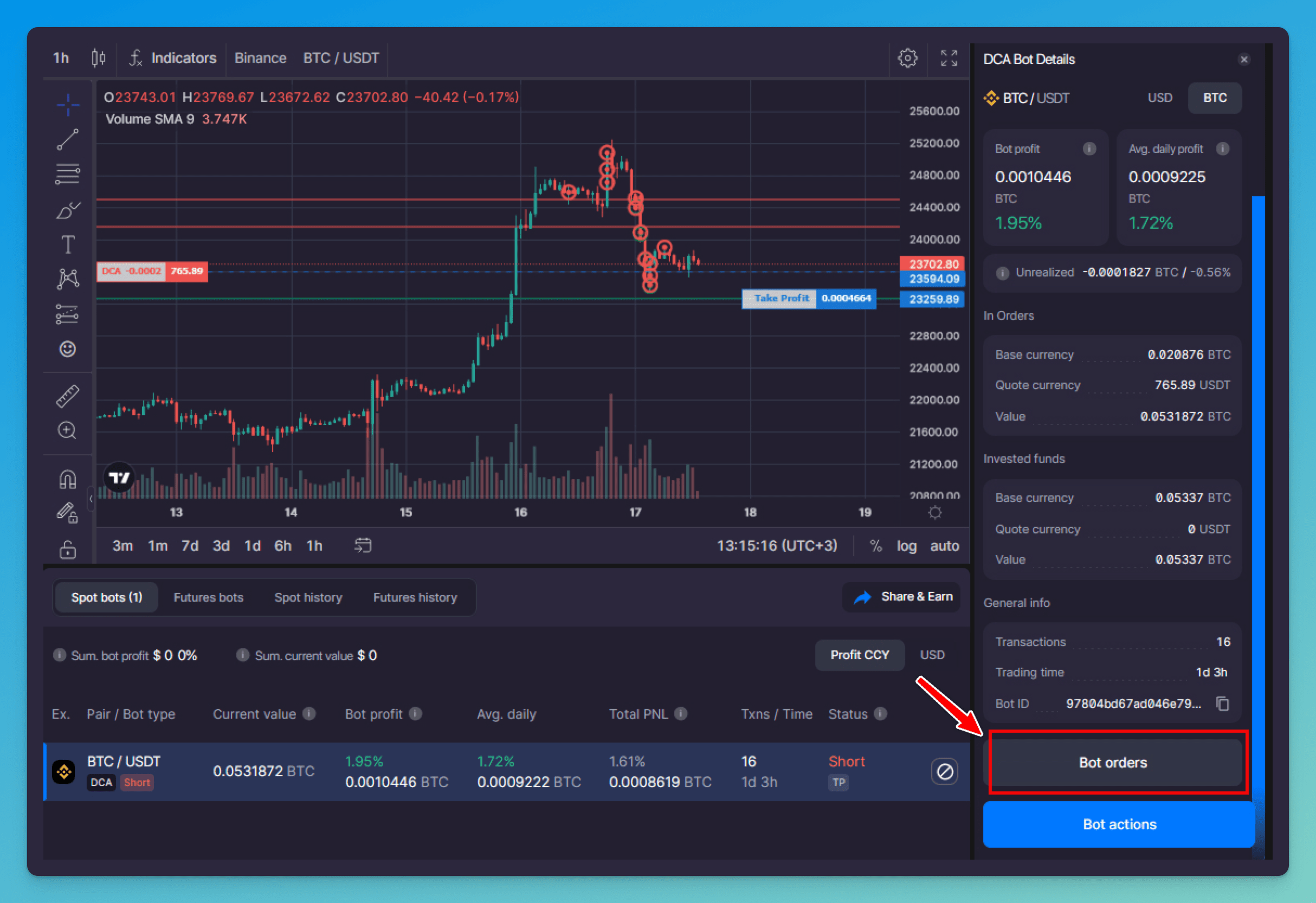 Pic. 6. Click the [Bot orders] button to check your bot’s history and active orders.