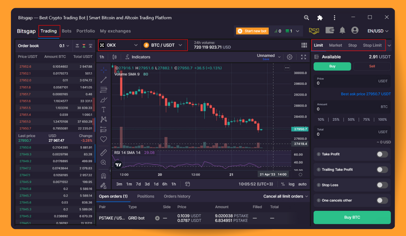 Pic. 2. Choosing a limit order on the Bitsgap platform. 