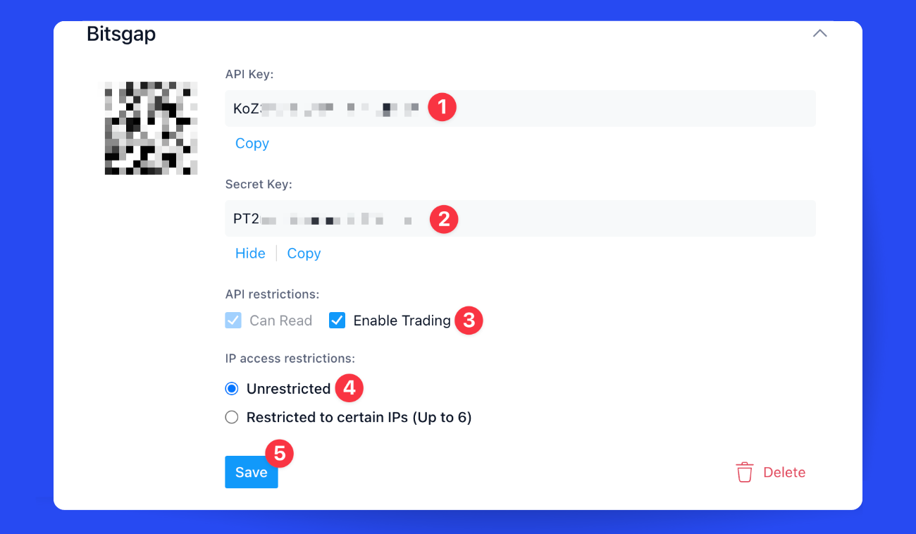 Pic. 3. Select [Enable Trading] and [Unrestricted] before coping your keys and hitting [Save].