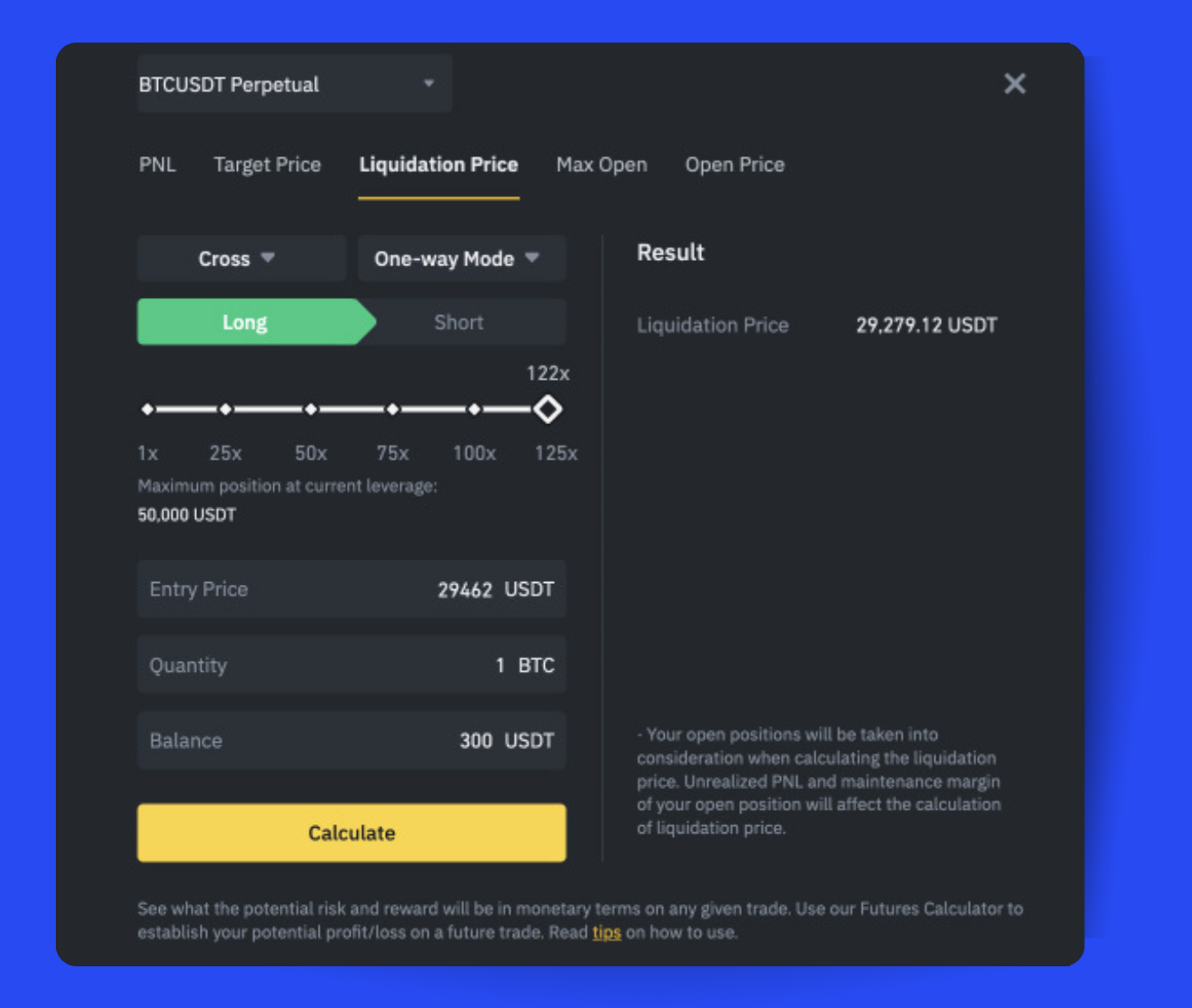 Pic. 2. Calculating the liquidation price with the Binance calculator.
