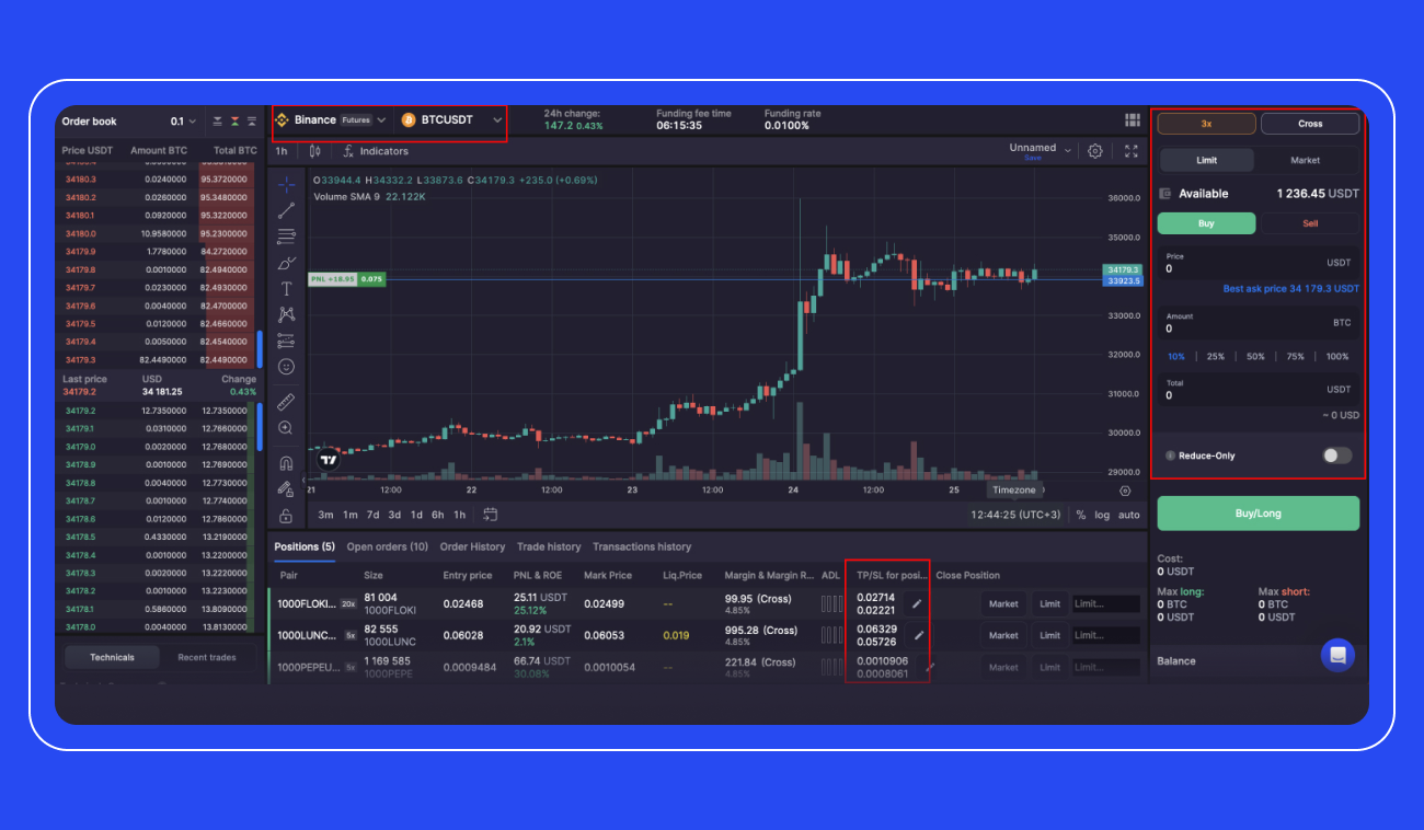 Pic. 1. Select the Binance Futures exchange and a trading pair at the top and fill in your order details on the right. 