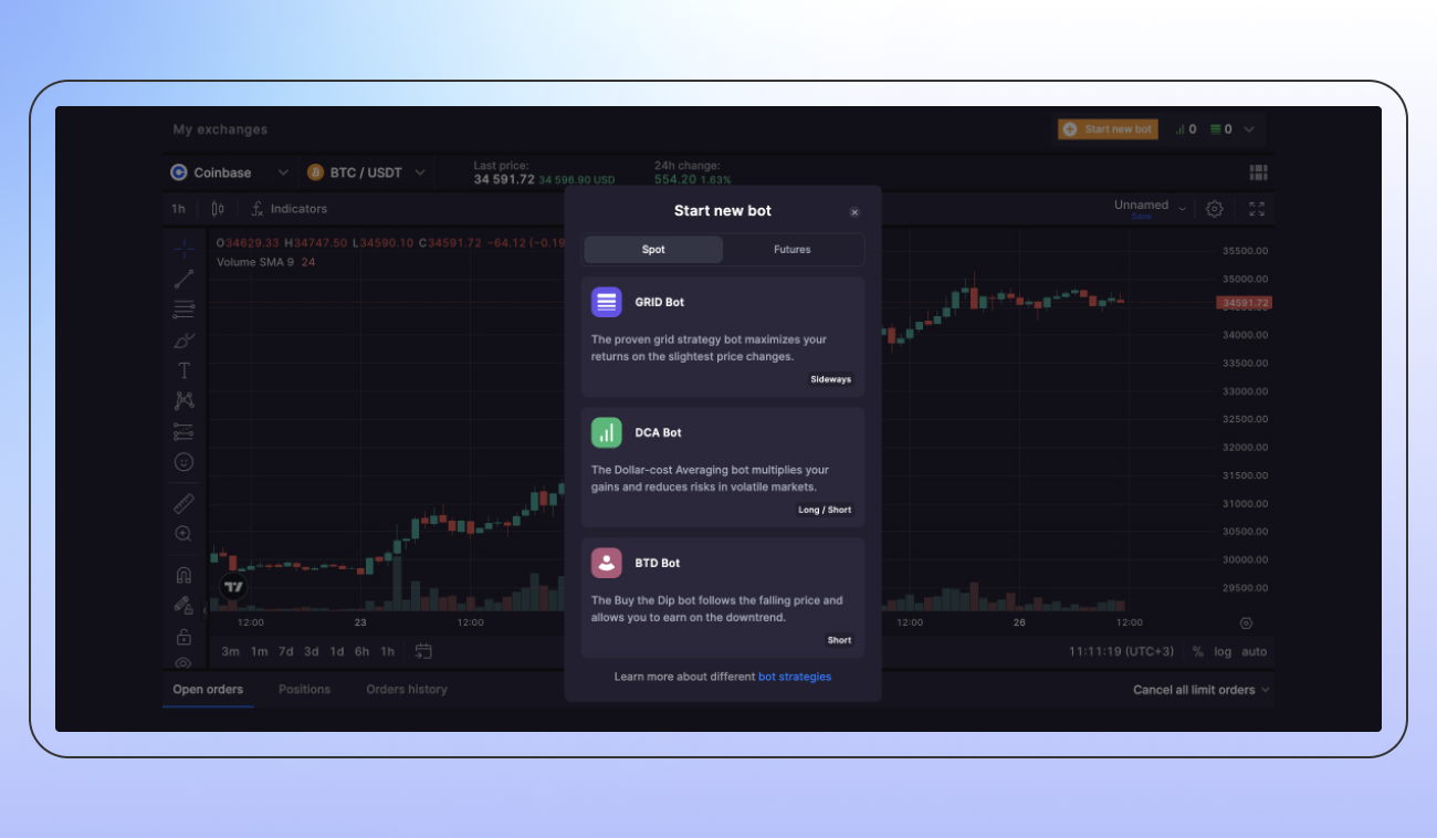 Pic. 1. Your new Bitsgap’s Coinbase AT trading playground.