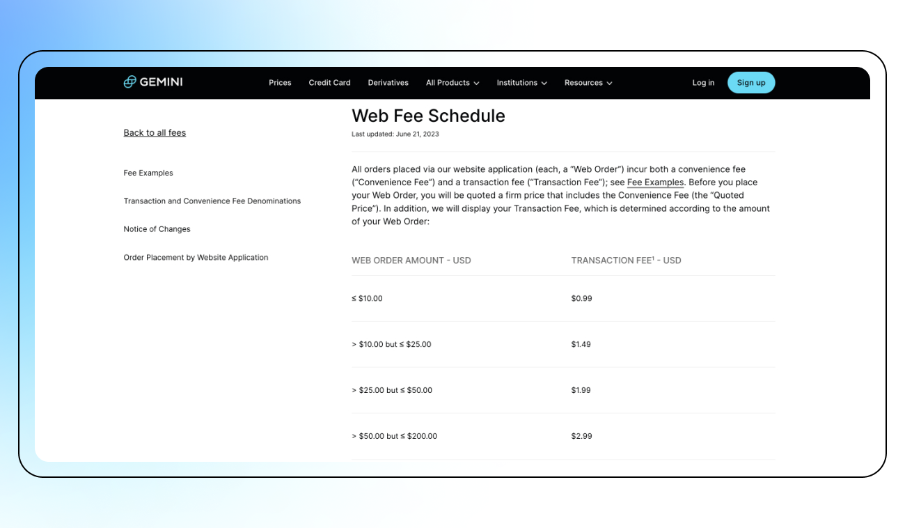 Pic. 2. Example of Gemini’s web fee schedule.