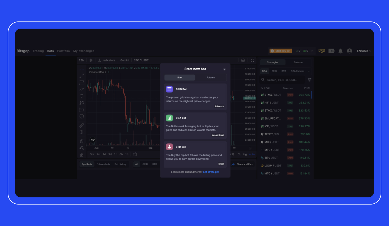 Pic. 3. Bitsgap’s automated trading options.