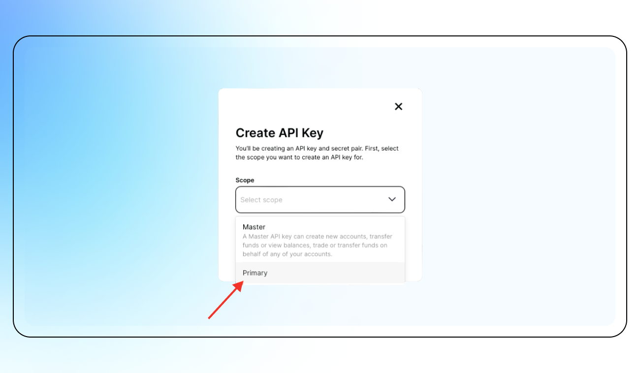 Pic. 5. Make sure to select Primary when creating your API key.